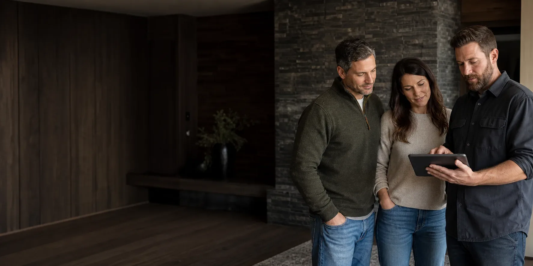 A residential contractor reviews a home maintenance plan with homeowners