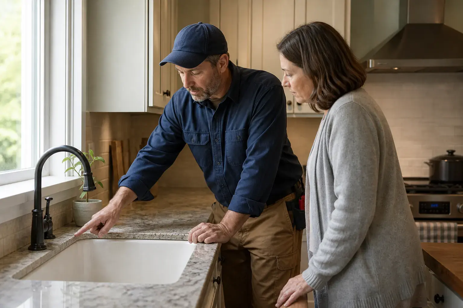A contractor points out worn sink caulking during a home review with a homeowner