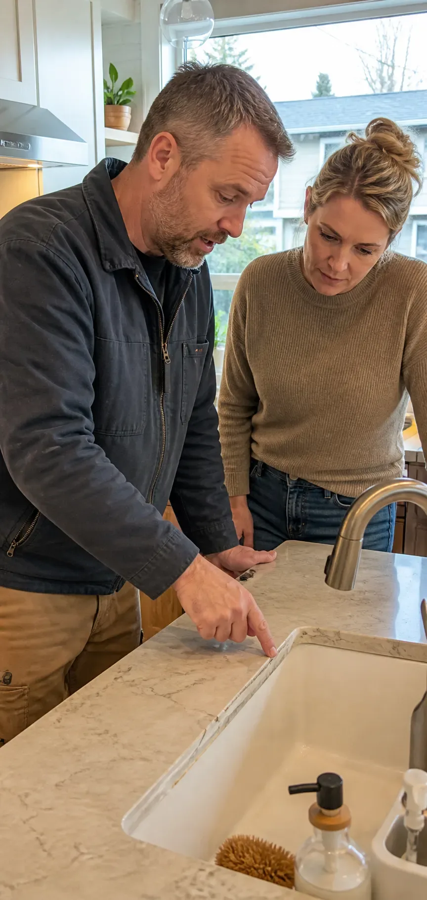 A home contractor points out worn sink caulking during a maintenance review with a homeowner